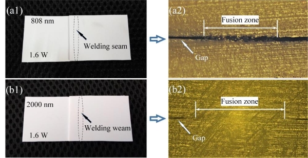 图片：0.808μm和2μm激光焊接白色PP结果：(a1,b1)实物图;(a2,b2)截面切片显微图